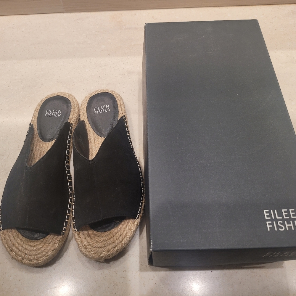 EILEEN FISHER Black Nubuck Slide Sandals